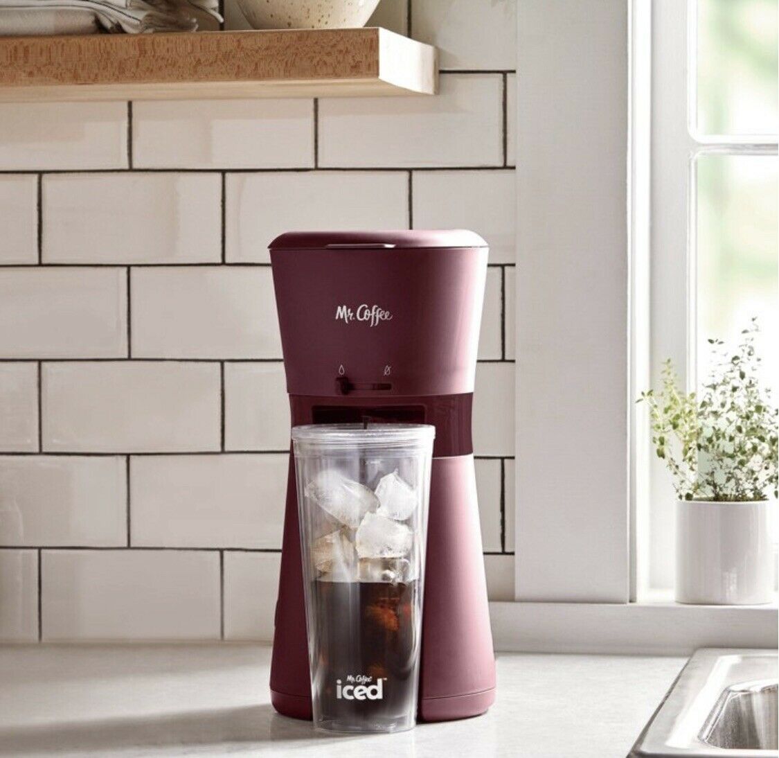 Iced Coffee Maker with Reusable Tumbler & Coffee Filter, Burgundy