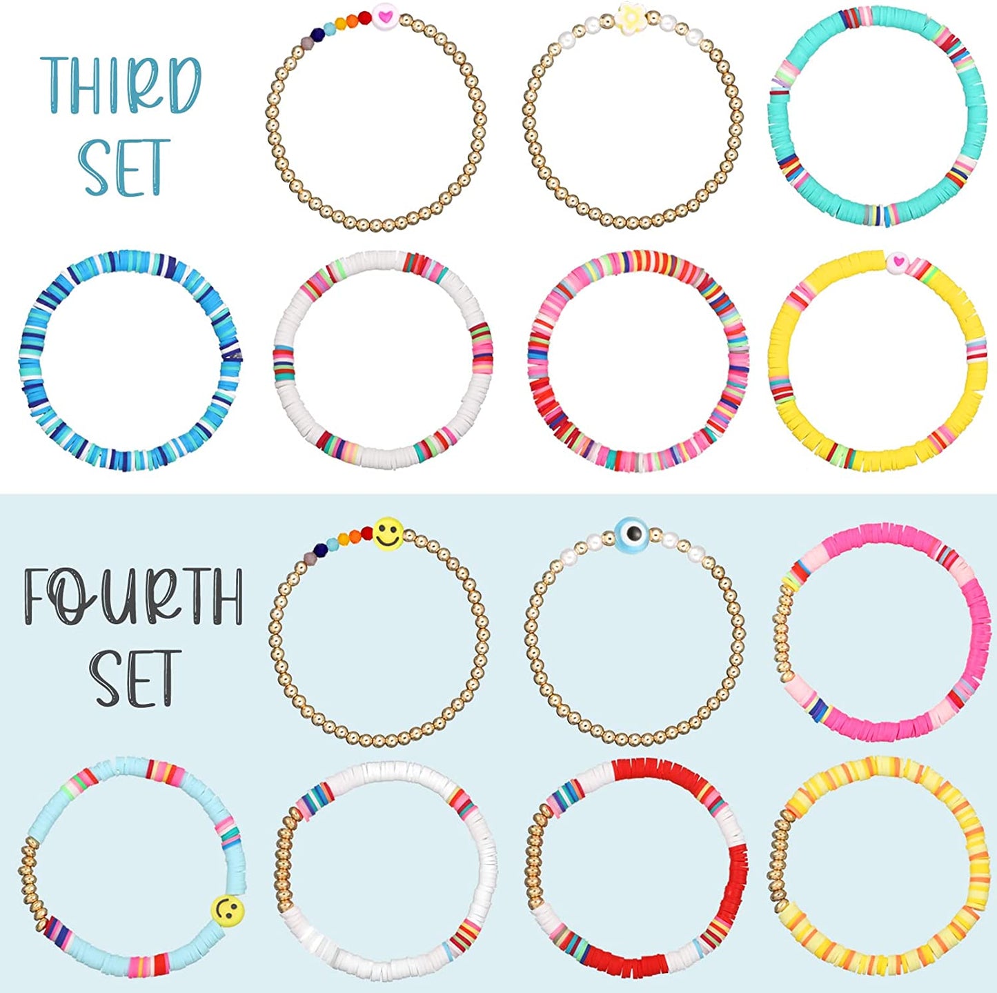 28 Pcs 4 Sets Cute Style Surfer Bracelets Colorful Preppy Smile Evil Eye Beaded