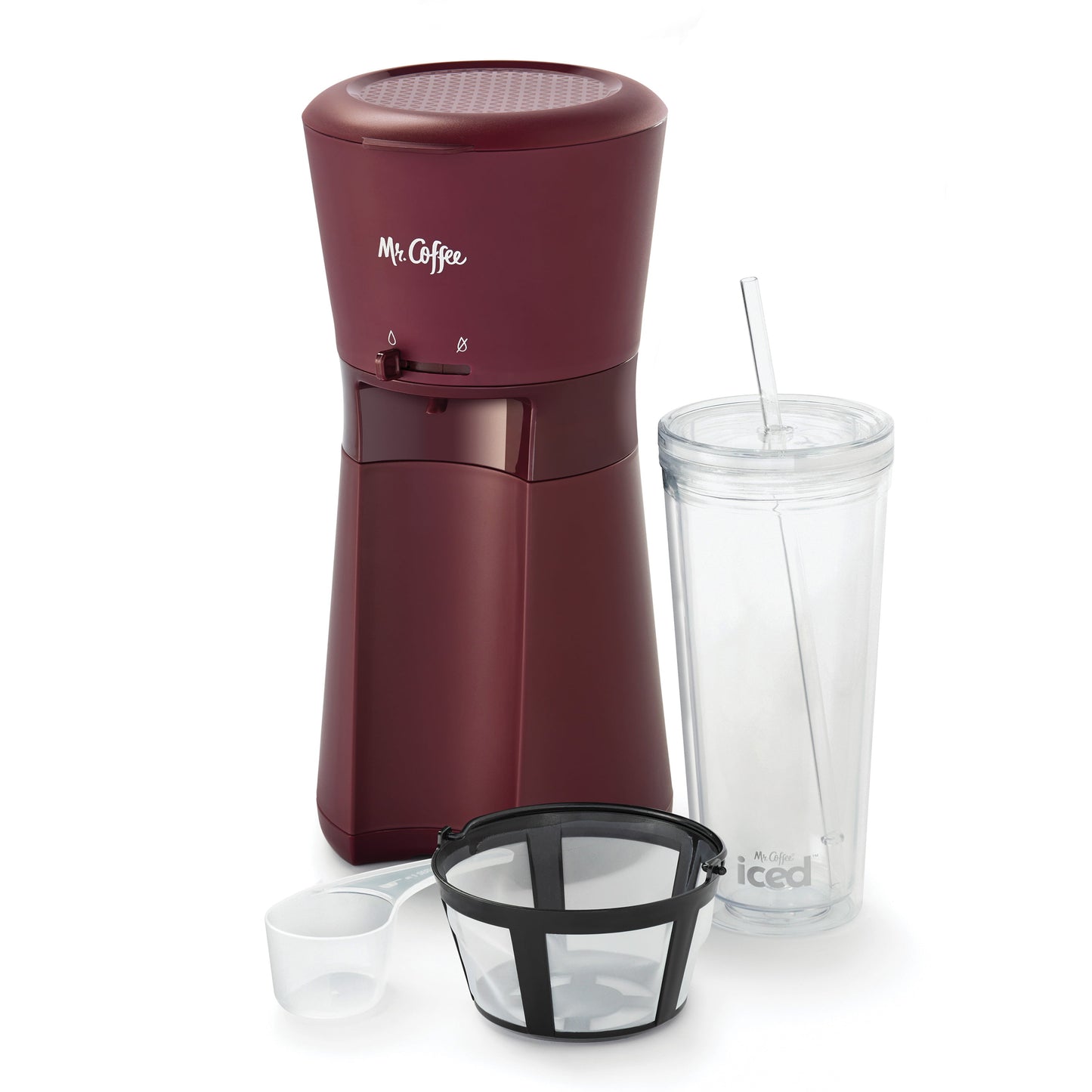 Iced Coffee Maker with Reusable Tumbler & Coffee Filter, Burgundy