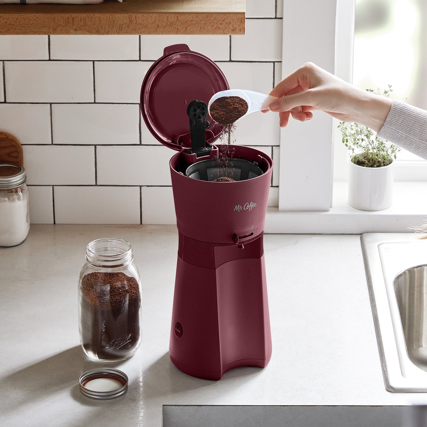 Iced Coffee Maker with Reusable Tumbler & Coffee Filter, Burgundy