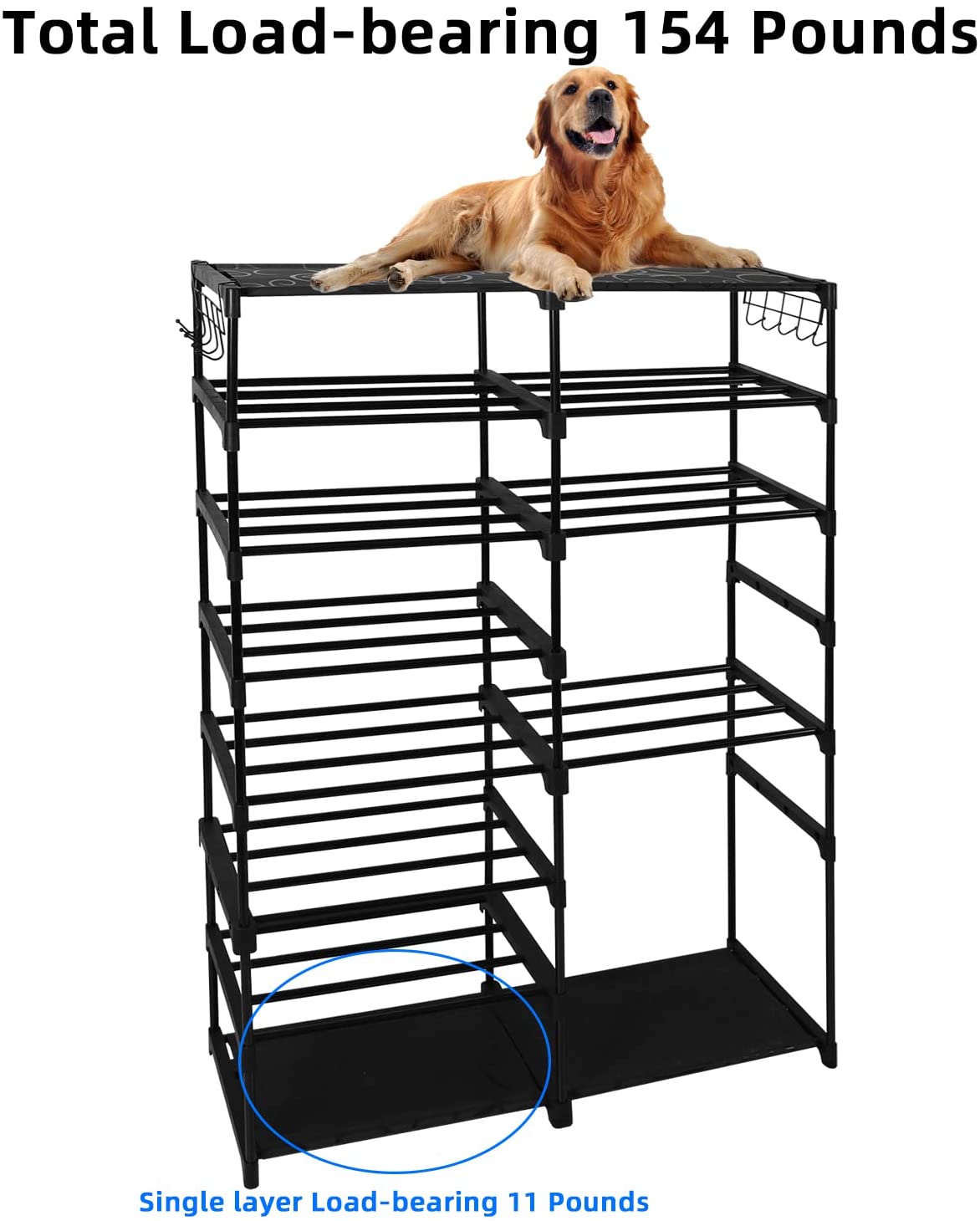 Large Metal Shoe Rack, 50-55 Pairs w/ Hooks-Black
