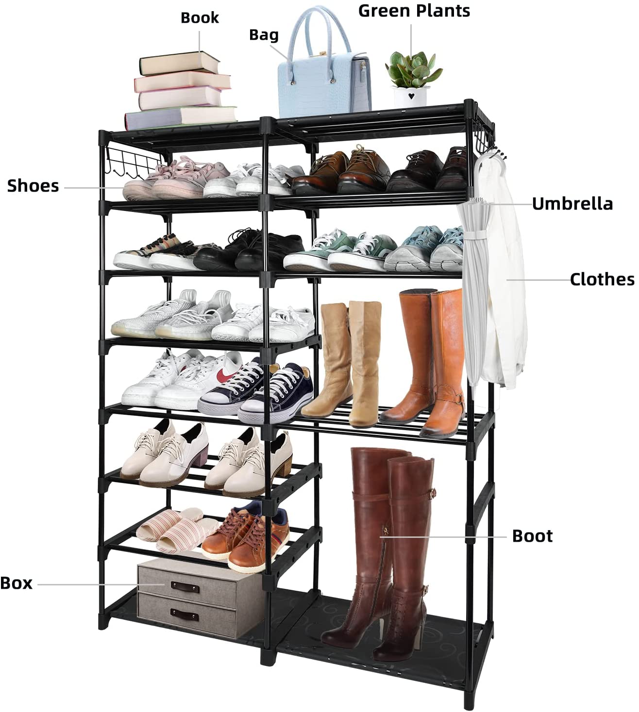 Large Metal Shoe Rack, 50-55 Pairs w/ Hooks-Black