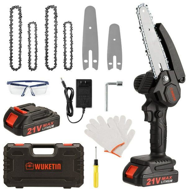 Mini Chainsaw Kit, 4-Inch+6-Inch Adjustable Cordless Handheld Chain Saw with 2 Rechargeable 21V 2000mAh Battery, 4 Chains, Tool Box Set, Hand Held Power Chain Saws