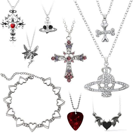 9Pcs Gothic Grunge Necklace Set Punk Rock Vintage Harajuku Silver Chain Necklace Jewelry Accessories for Women