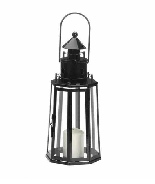 Decorative Lighthouse Candle Lantern Galvanized Metal Top- Black