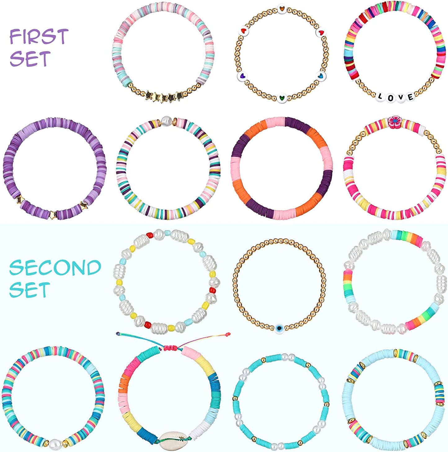 28 Pcs 4 Set Fresh Style Beaded Surfer Bracelets Set Colorful Preppy