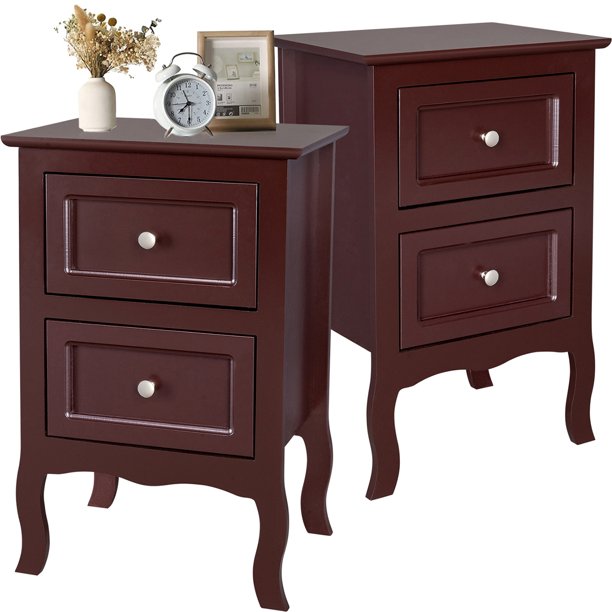 Set of 2 Nightstand Bedroom Bedside Table w/ Drawers Storage, Country Style Night End Table w/ Handle Brown