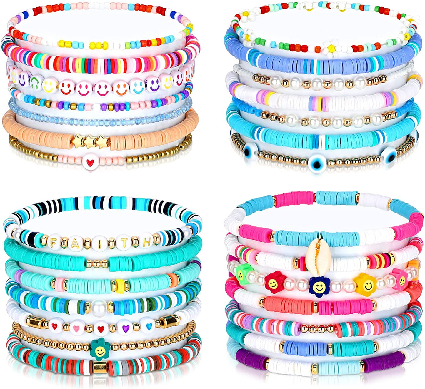 28 Pcs 4 Set Novel Style Beaded Surfer Bracelets Set Colorful Preppy