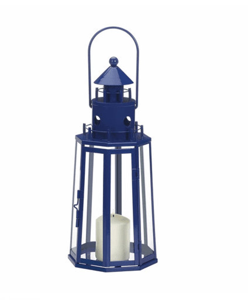 Decorative Lighthouse Candle Lantern Galvanized Metal Top Blue