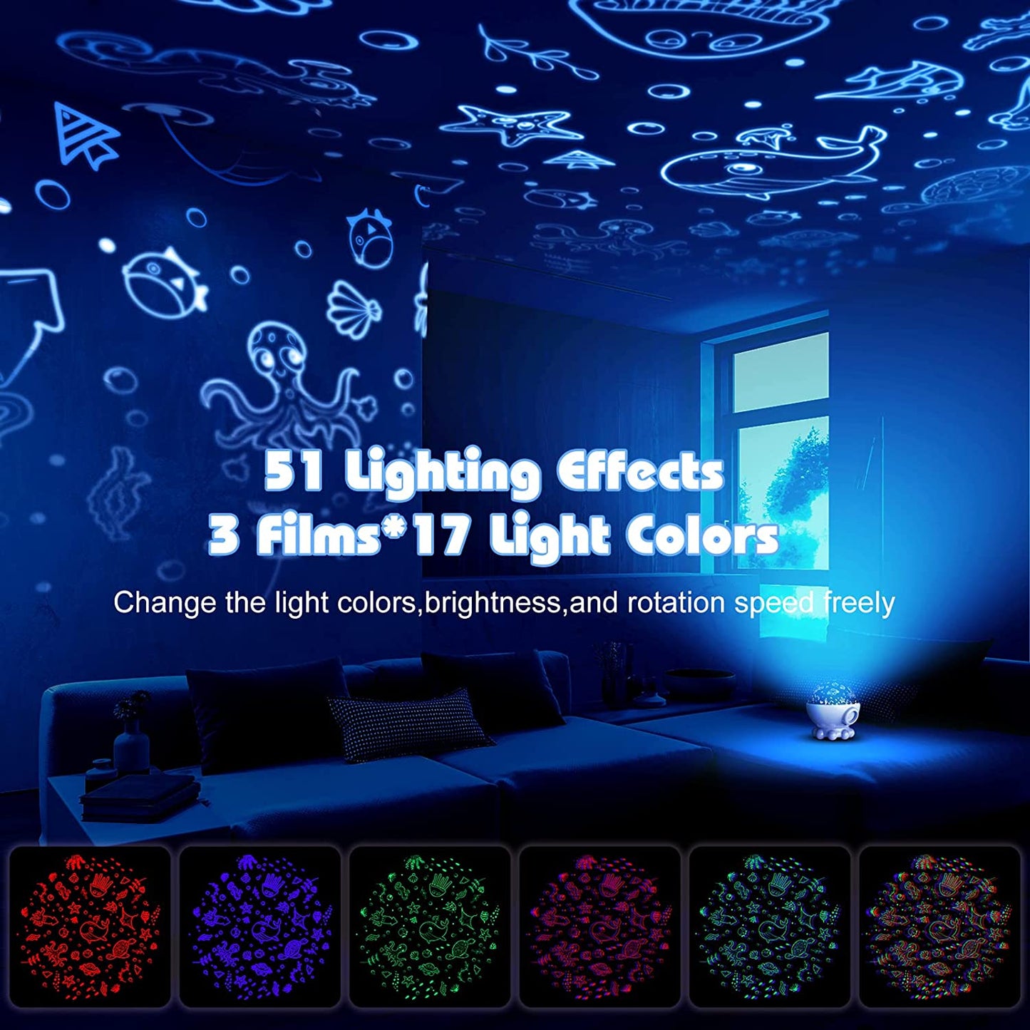 Blue Night Light Projector, Ocean Star Night Light for Kids Room w/ 360° Rotation,Remote & Timer