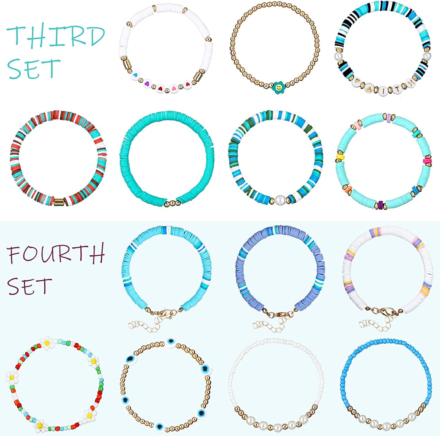 28 Pcs 4 Set Novel Style Beaded Surfer Bracelets Set Colorful Preppy