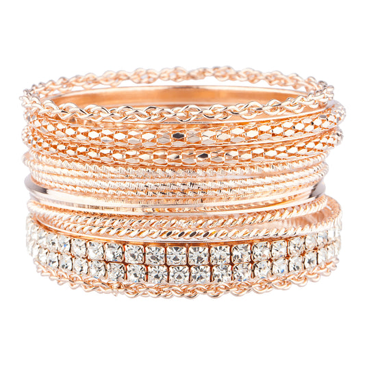 Rose Gold Tone Chain Rhinestone Bangle Bracelet Set for Women