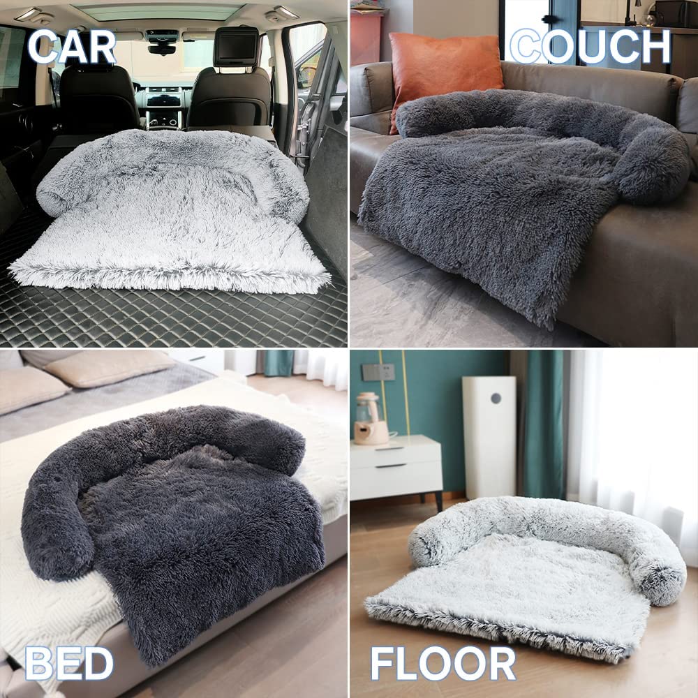 Large Calming Dog Bed Fluffy Plush Dog Mat w/ Removable Washable Cover Light Grey