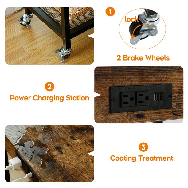 End Table w/ Charging Station & USB Ports w/ Wheels & Storage Shelf