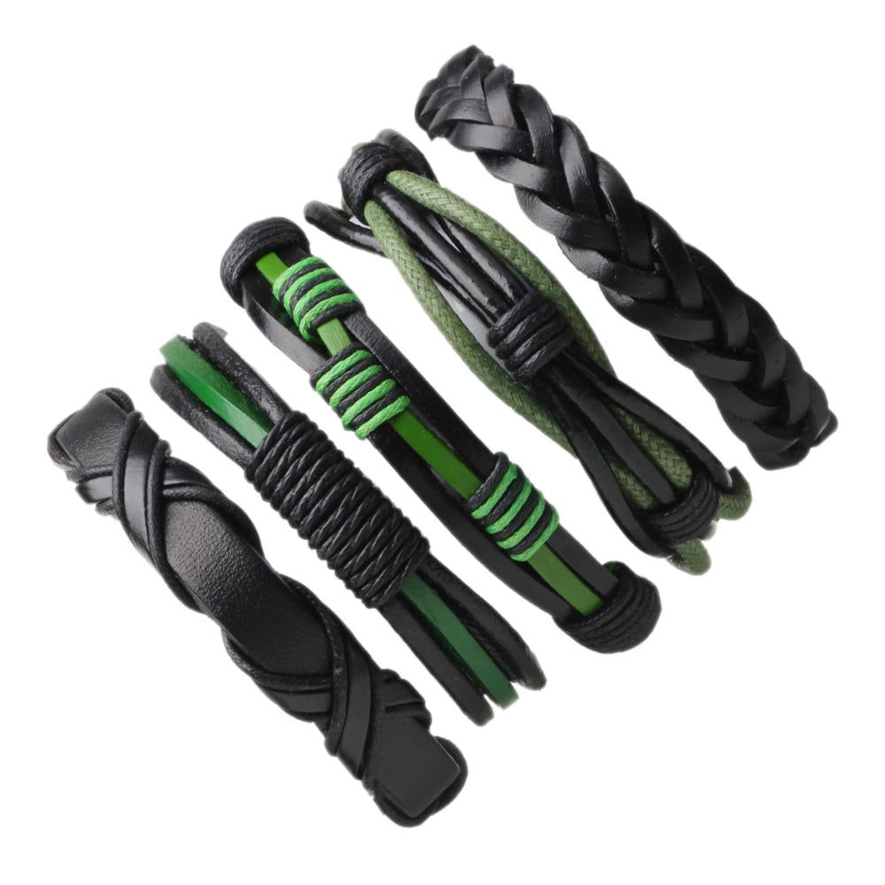 Unisex Green & Black Braided Leather Wristband Bracelet For Men or Women, 5pcs Set