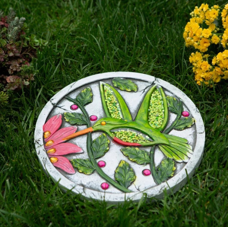 Whimsical Green Hummingbird Garden Stone With Glitter Accent