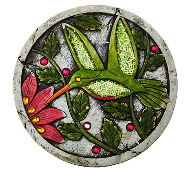 Whimsical Green Hummingbird Garden Stone With Glitter Accent