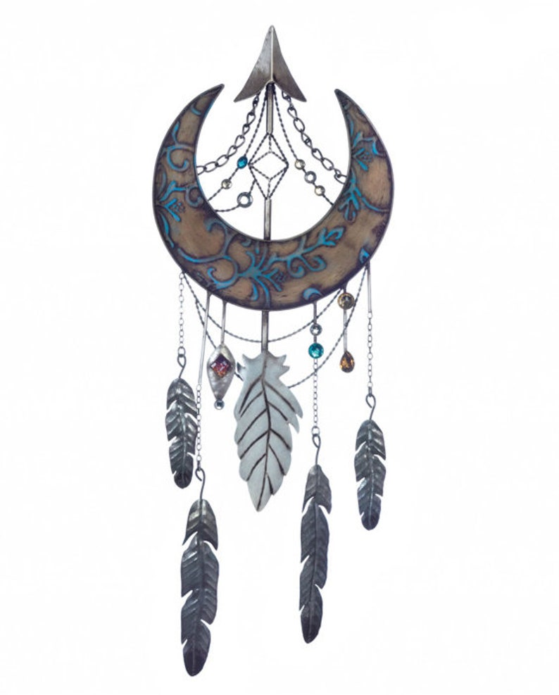 Crescent Moon Anchored Dream Catcher With Gemstones And Fortune Feathers