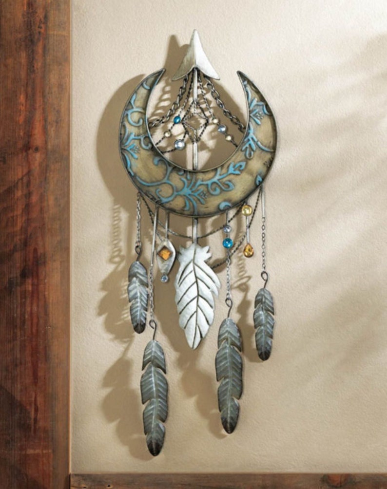 Crescent Moon Anchored Dream Catcher With Gemstones And Fortune Feathers