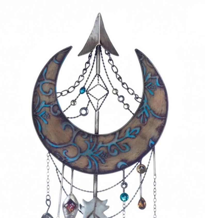 Crescent Moon Anchored Dream Catcher With Gemstones And Fortune Feathers