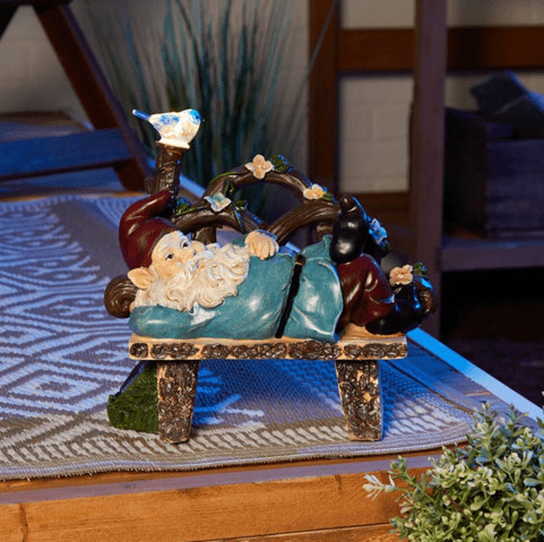 Gnome Relaxing In The Bench With Blue Bird Solar Light Garden Decoration