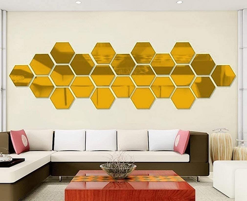 Mirror Wall Stickers, 12PCS Hexagon Mirror Art DIY Home Decoration (Gold)