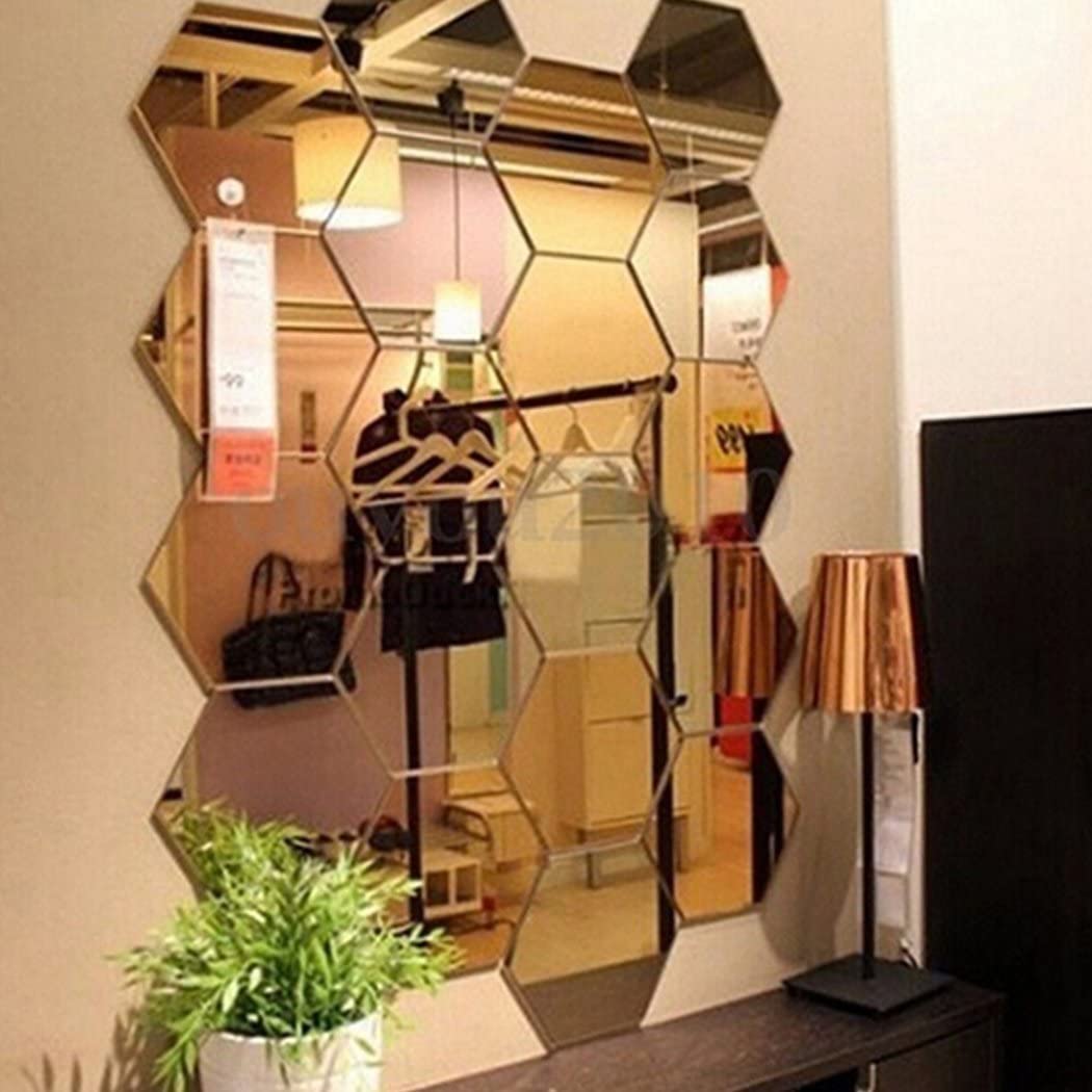 Mirror Wall Stickers, 12PCS Hexagon Mirror Art DIY Home Decoration (Gold)