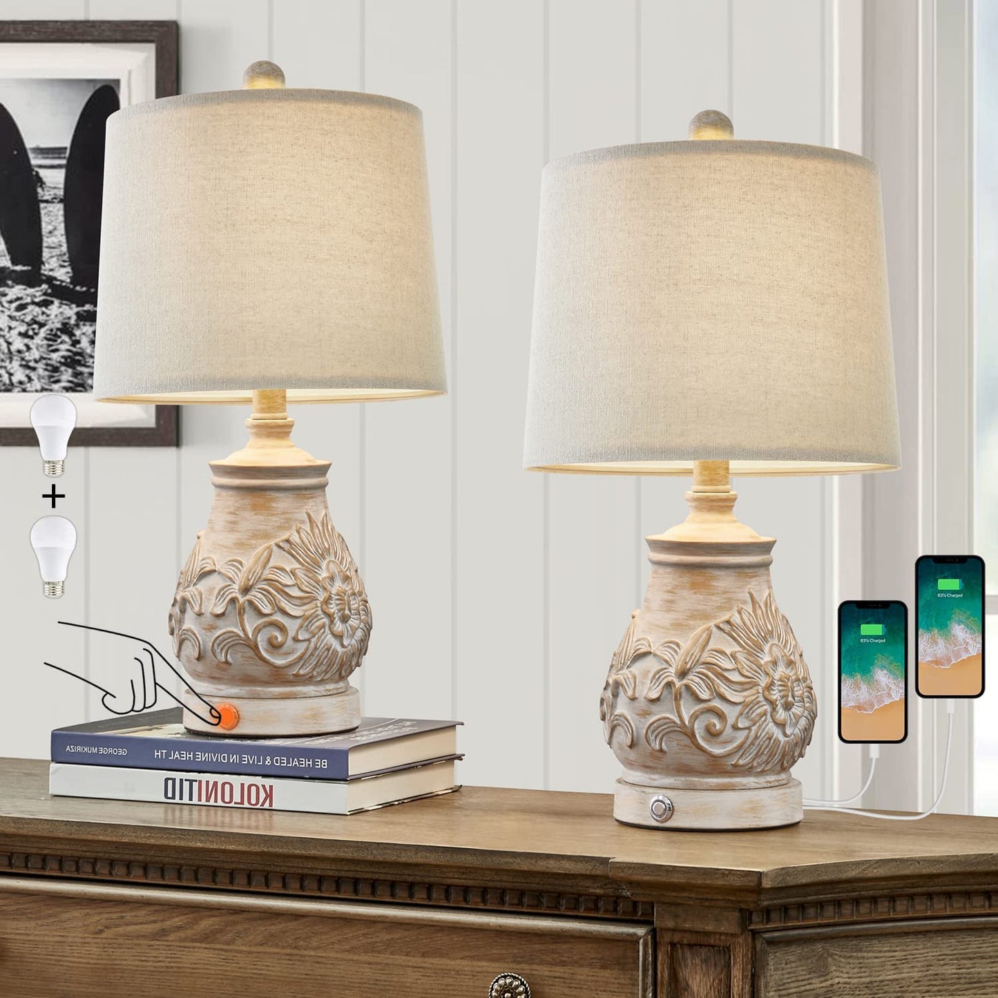 3 Way Dimmable Touch Table Lamps Rustic Carved Floral Lamps w/ 2 USB Ports Bulb Included