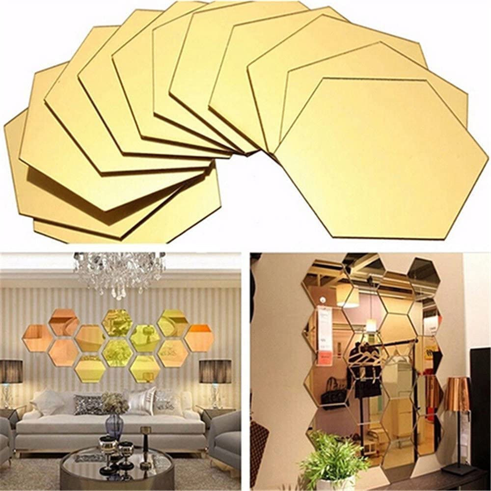 Mirror Wall Stickers, 12PCS Hexagon Mirror Art DIY Home Decoration (Gold)