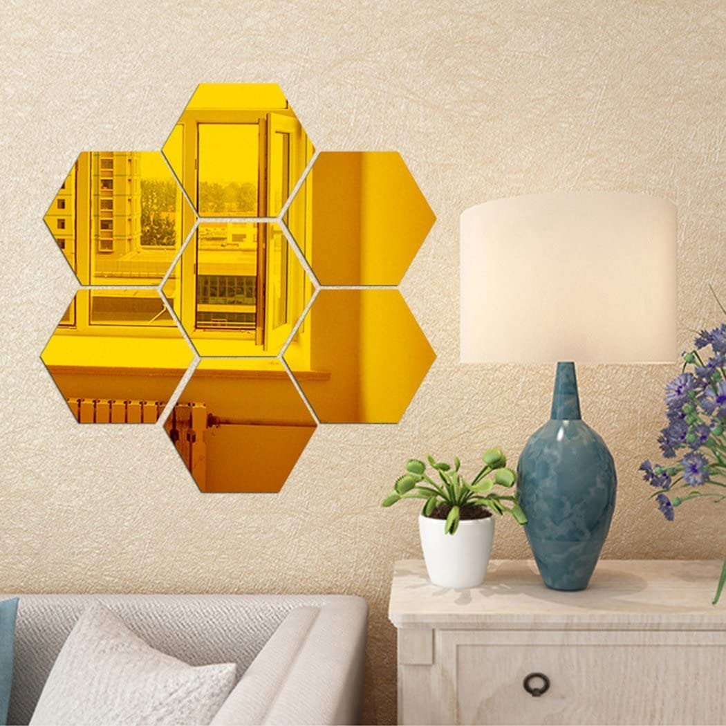 Mirror Wall Stickers, 12PCS Hexagon Mirror Art DIY Home Decoration (Gold)