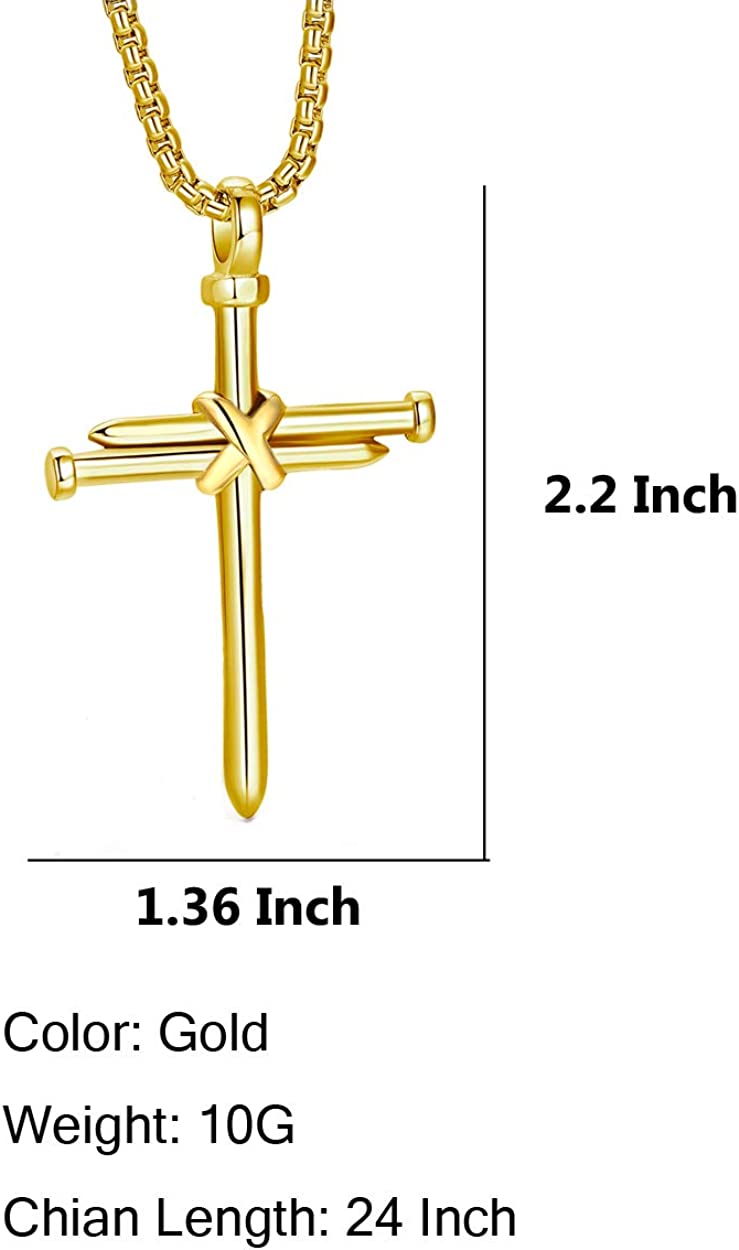 Men's Stainless Steel Nail Cross Pendant Necklace with 24 Inch Chain Polished Gold