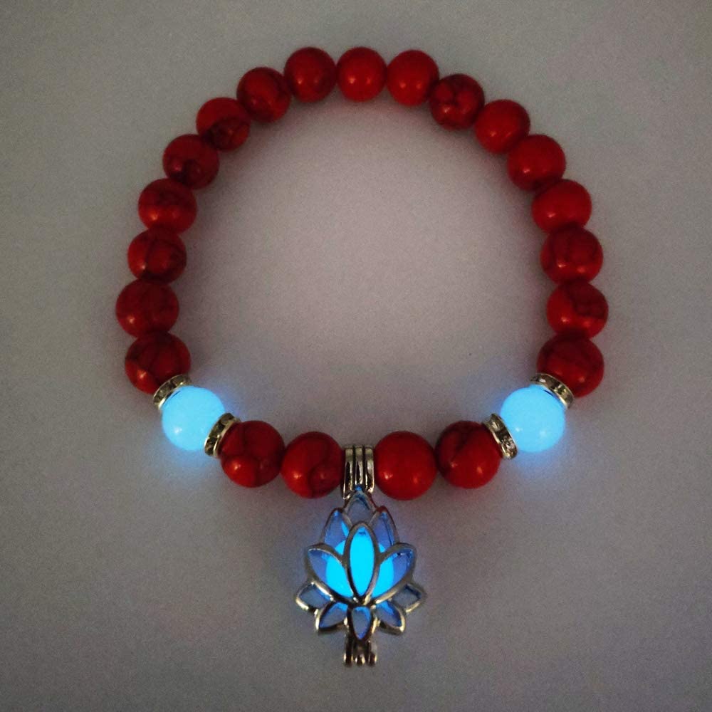 Luminous Glowing in The Dark Moon Lotus Flower Shaped Charm Bracelet, Red Turquoise