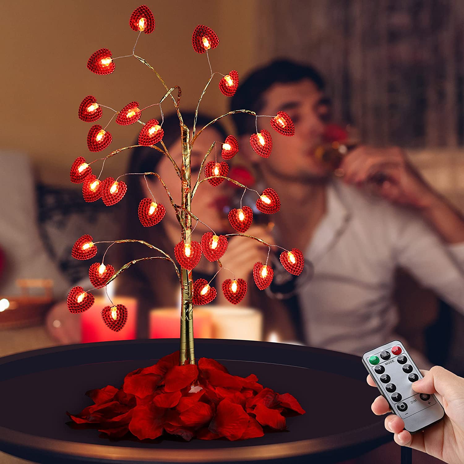 17 Inch Valentines Day Decor Lighted Tree, Tree Lights with 28 LED Heart Lights