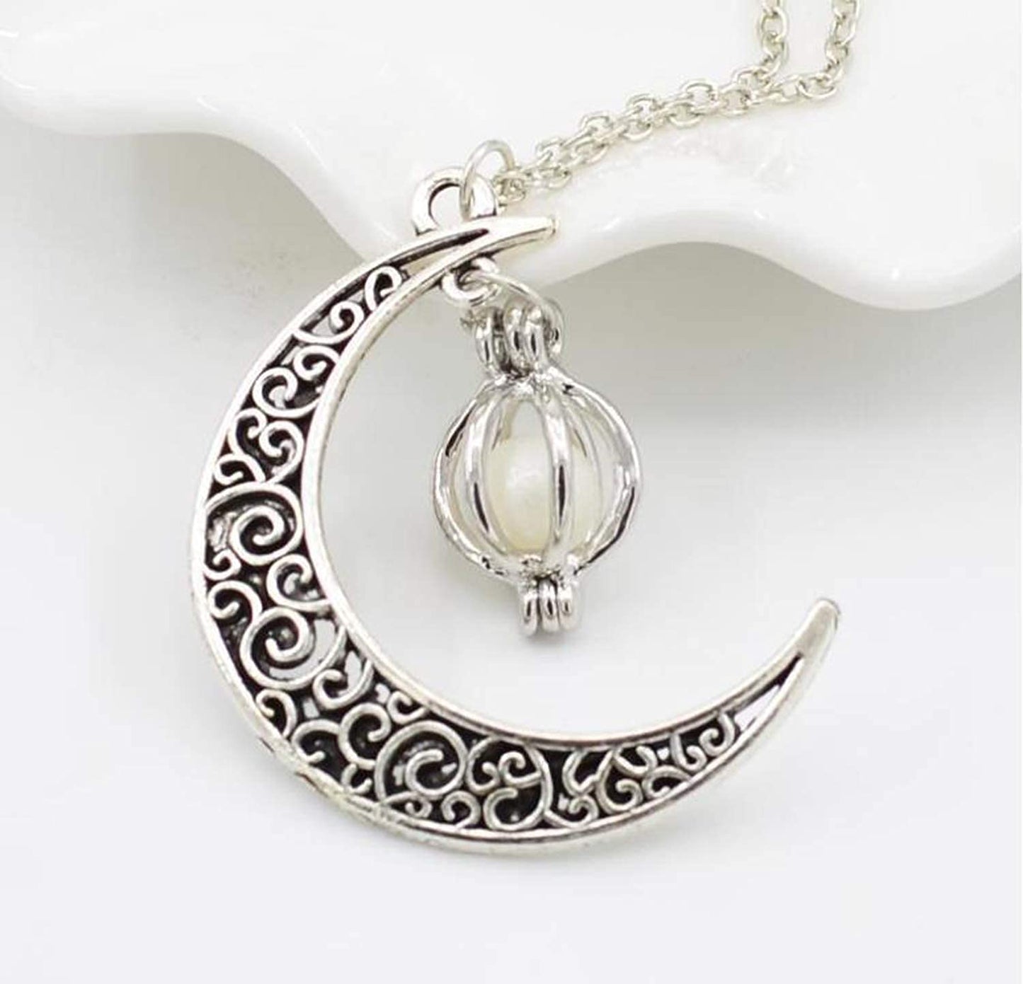 Glow in The Dark Silver Crescent Moon and Orb Necklace - Charm (sky blue)