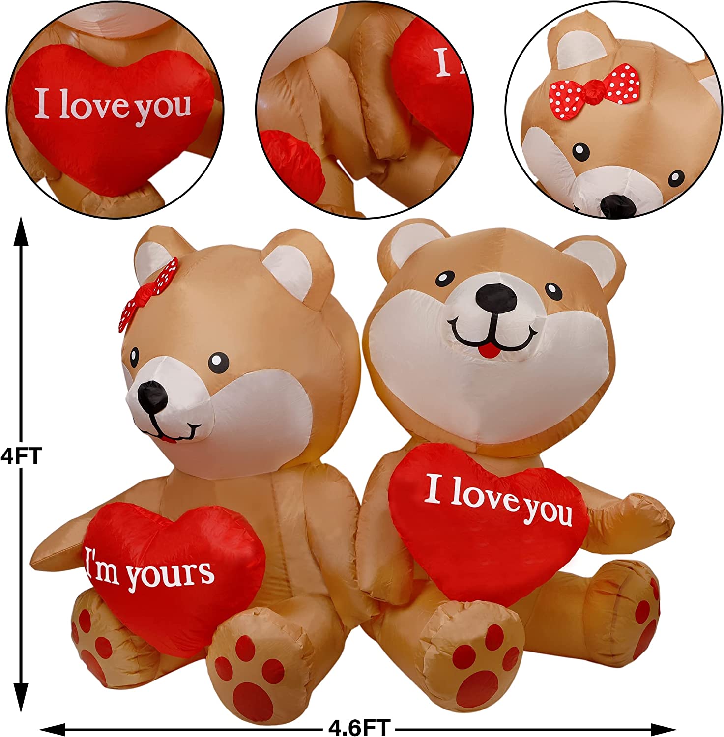 4 FT Valentine's Day Inflatable Bear w/ Heart & LED Lights, Romantic I Love You Decor