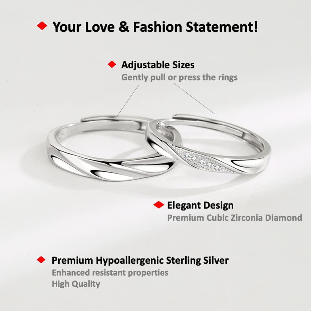 [New] Sterling Silver Couple Rings Set, Adjustable, I Love You Wedding Rings