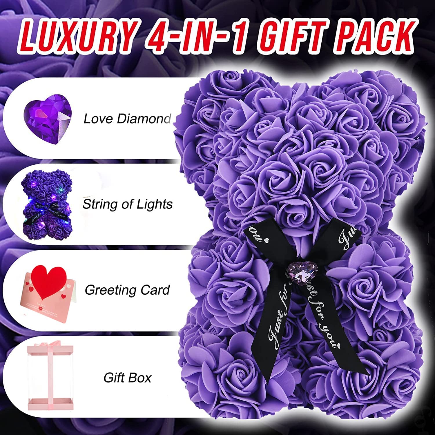 Rose Teddy Bear Flower with Heart-shaped Diamond for Valentine's Day, Purple