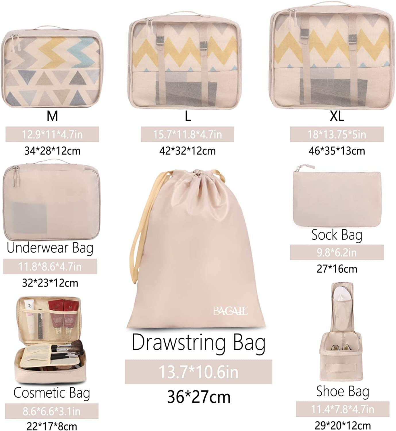 8 Set Packing Cubes Luggage Packing Organizers for Travel Accessories, Cream