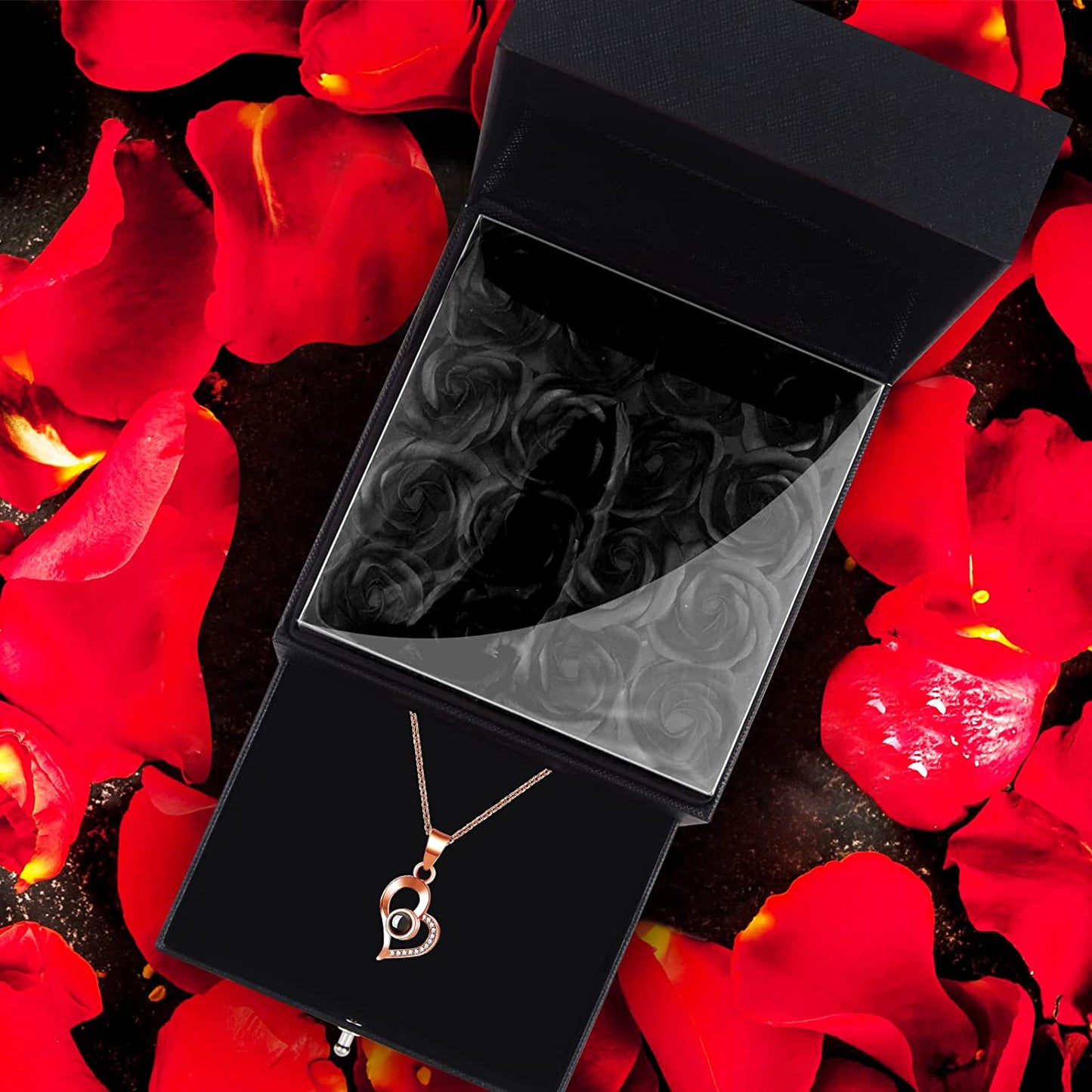 Eternal Preserved Rose, Handmade Box w/ Love You Necklace 100 Languages, Black