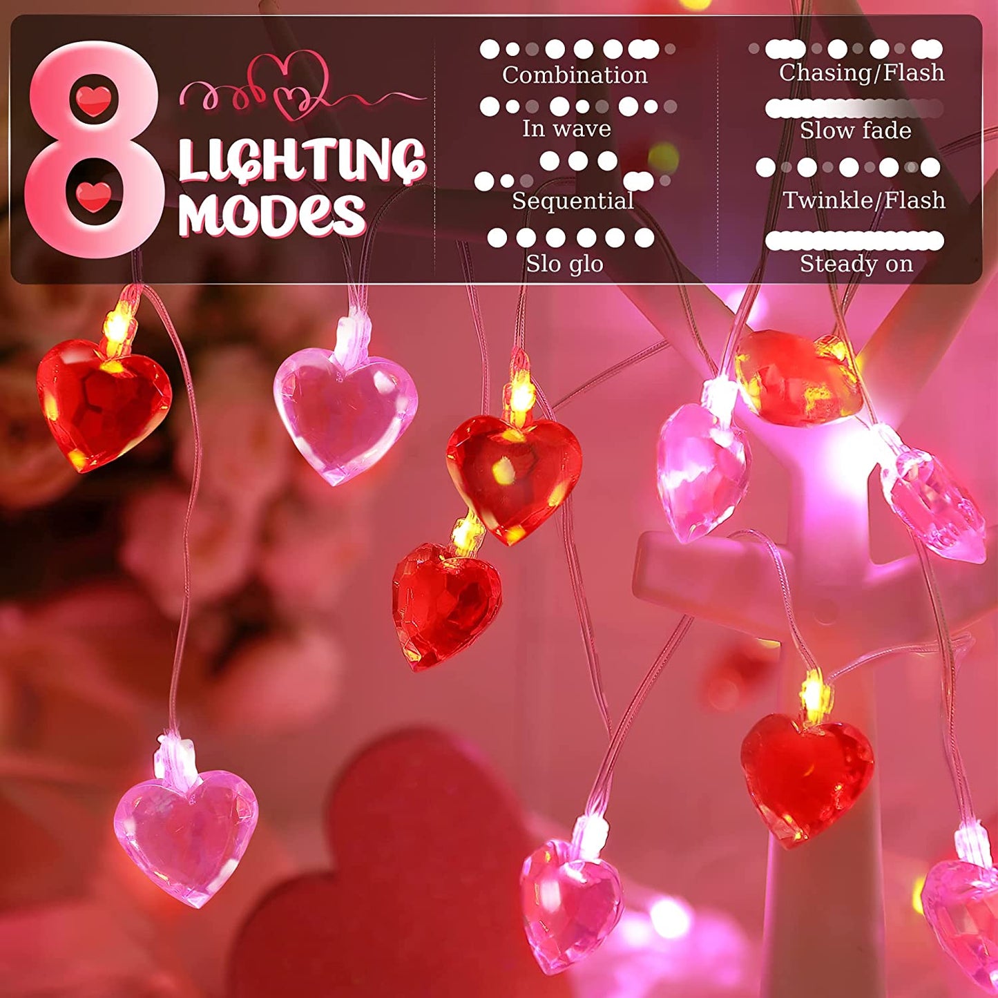 2 Pack Valentines Day Heart String Lights, 60 LED Diamond Cut with Timer, 8 Modes (Red, Pink)