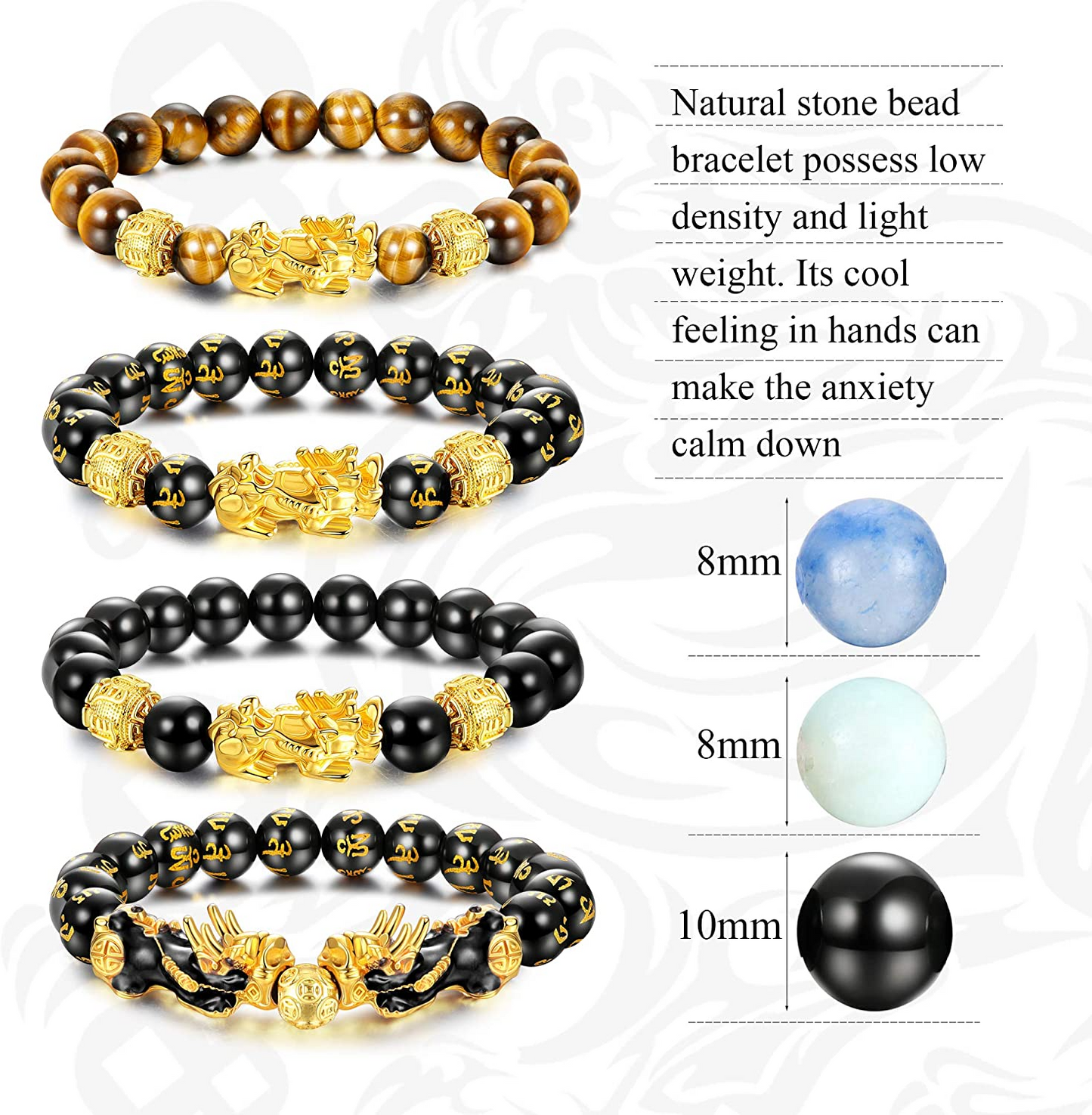 Set of 6 Feng Shui Pixiu Natural Stone Tiger Eye Bead Pi Yao Chinese Dragon Charm Good Luck Bracelets