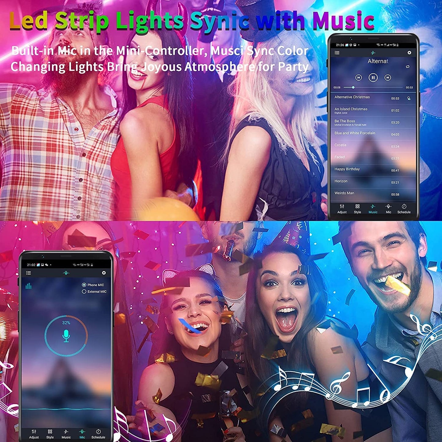 LED Strip Lights 32.8ft-Roll, Music Sync Color Changing 5050 RGB Lights,Built-in Mic