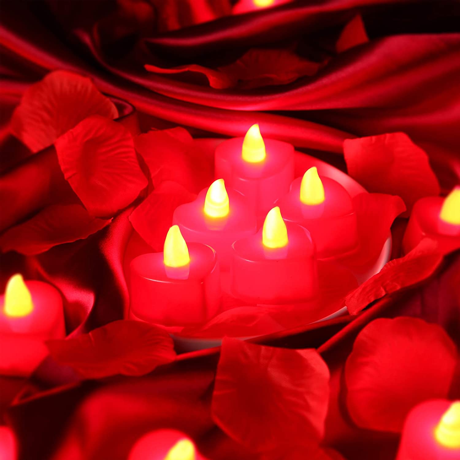 12 Pieces Heart Shape LED Tealight Candles w/ 200 Pieces Silk Rose Petals (Red Light, Red Petall)