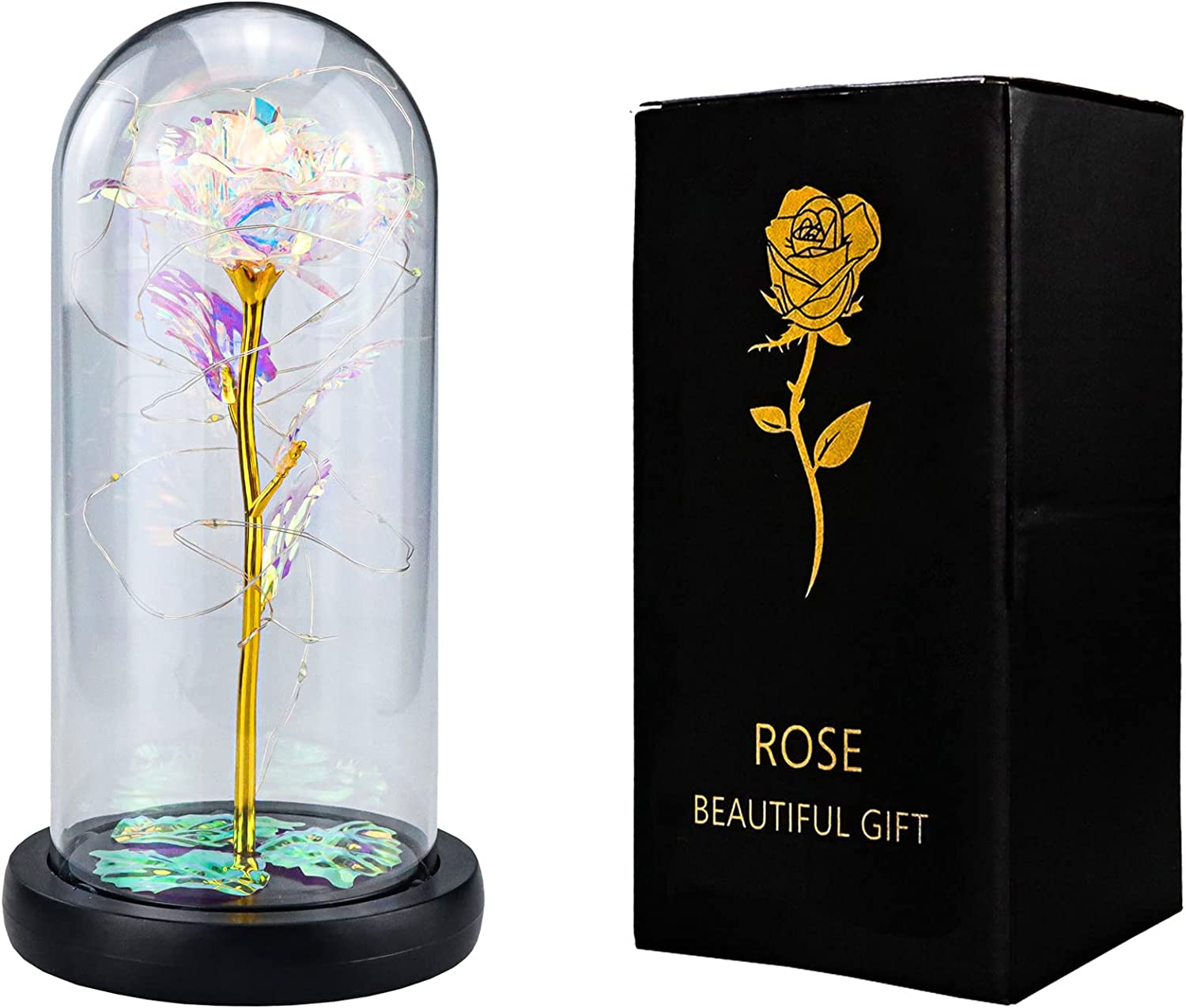 Galaxy Flower Rose Gift, Artificial Rose Flower LED Light String on Glass Colorful Flowers