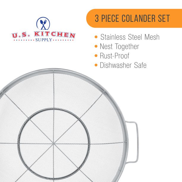 3 Piece Colander Set-Stainless Steel Wired Mesh Strainer Baskets with Wide Handles-11"-5 Quart 9.5"