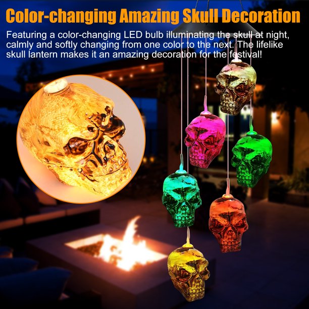 LED Solar Powered Home Skull Decoration Windchime Lights, Waterproof Outdoor