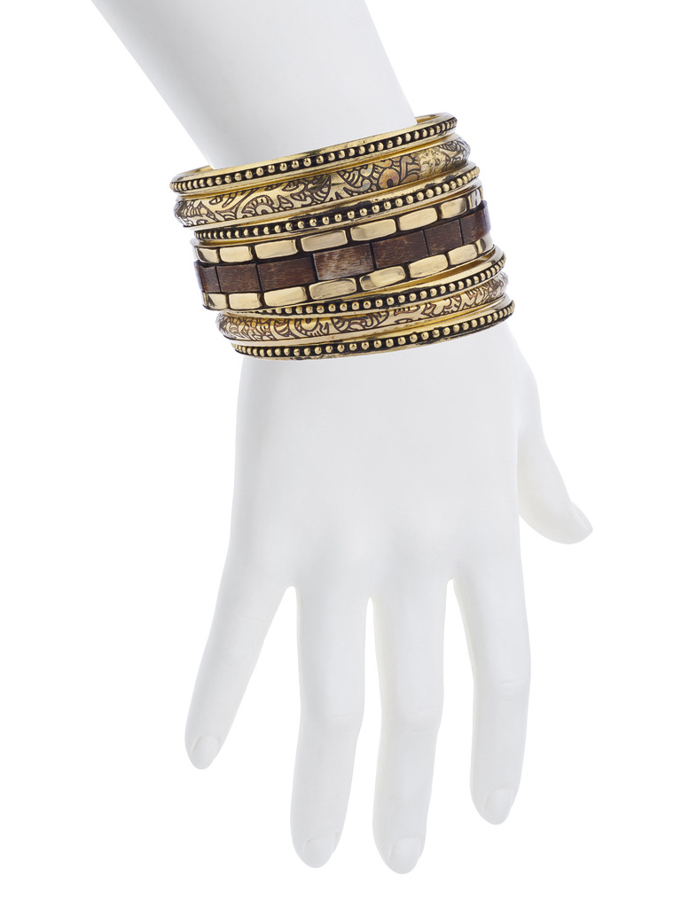 Gold Tone Wood Burnished Multi Bangle Bracelet Set for Women