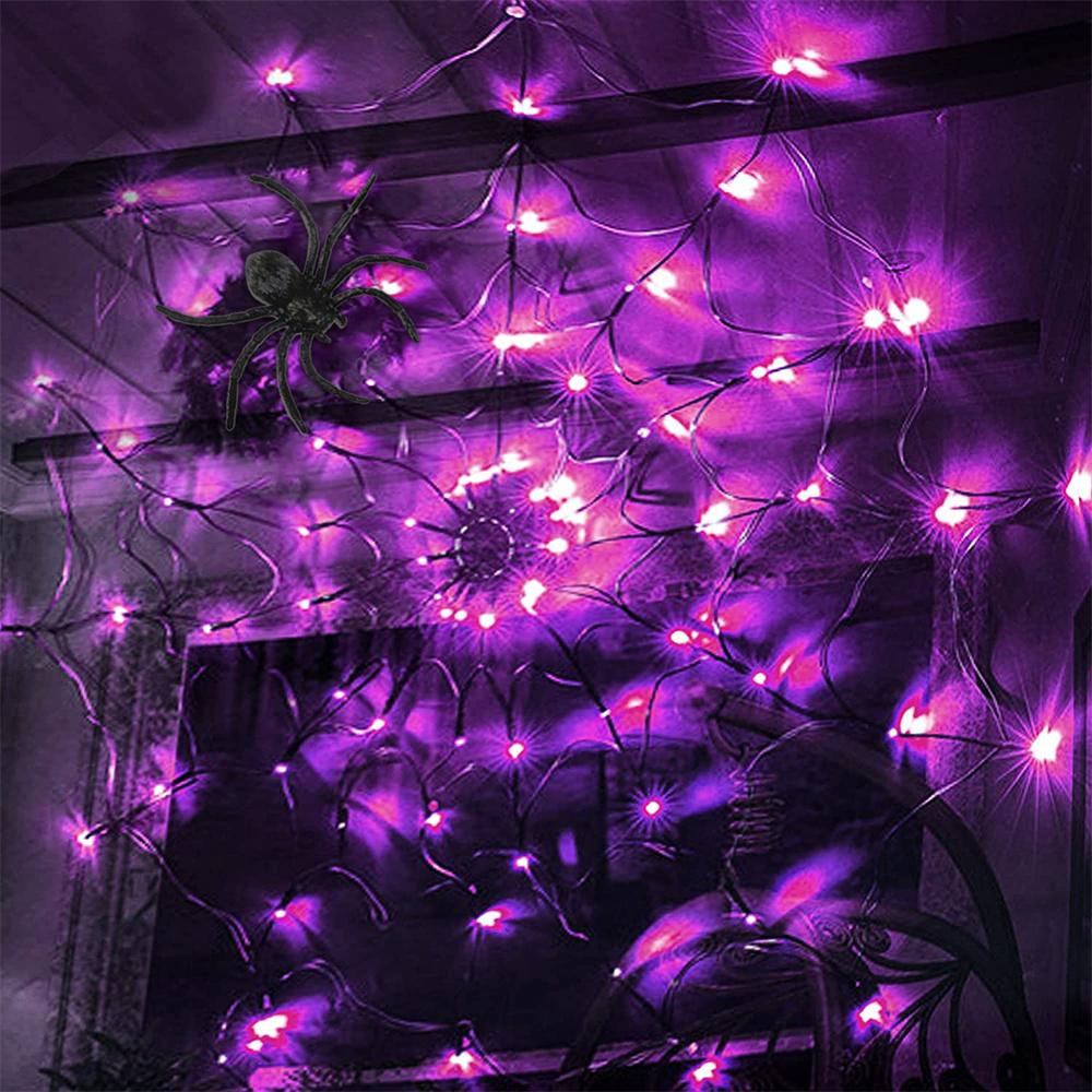 60 LED Halloween Spider Net Web String Lights w/ Black Spider