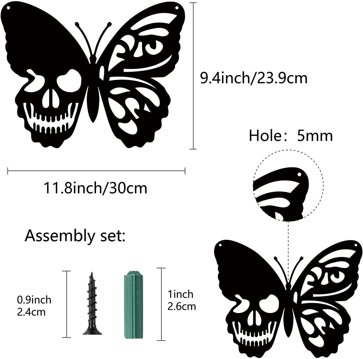 Black Large Skull Butterfly Metal Wall Art Decoration 9.4 x 11.8inch