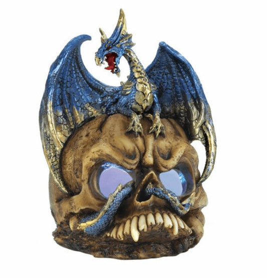 Spiny Tailed Blue Dragon And Menacing Skull Statue Home Decoration